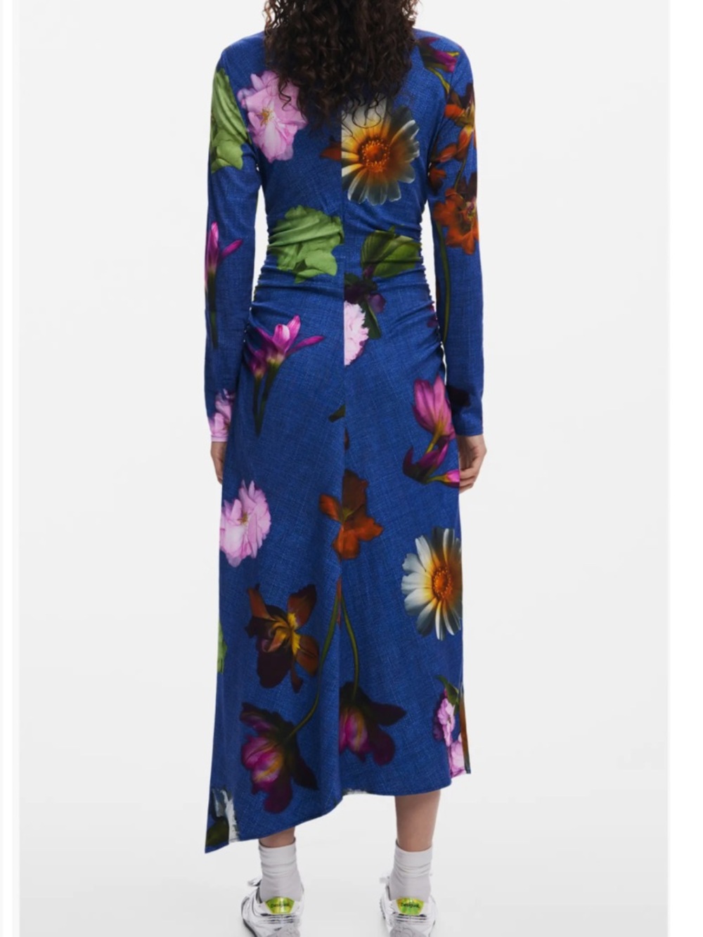 Desigual Floral Print Asymmetrical Ruched Long Sleeve Midi Dress L - Picture 2 of 11